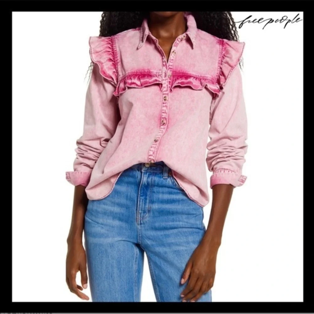 FREE PEOPLE PINK RUFFLE BUTTON-UP SHIRT rare size XS